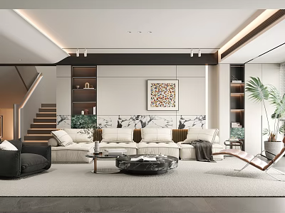 Modern Living Room Interior With White Sofa Black Coffee Table Decorative Painting And Green Plants 3d model