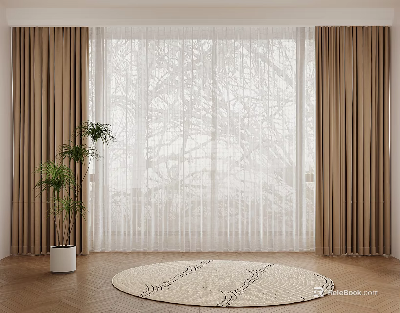 Brown Curtains With White Sheer Panels Tree Shadows Through Wooden Floor And Potted Plant Interior 3d model 