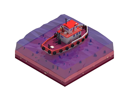 Cartoon Scene Featuring Red And White Tugboat On Water Surface With Underwater Layers 3d model