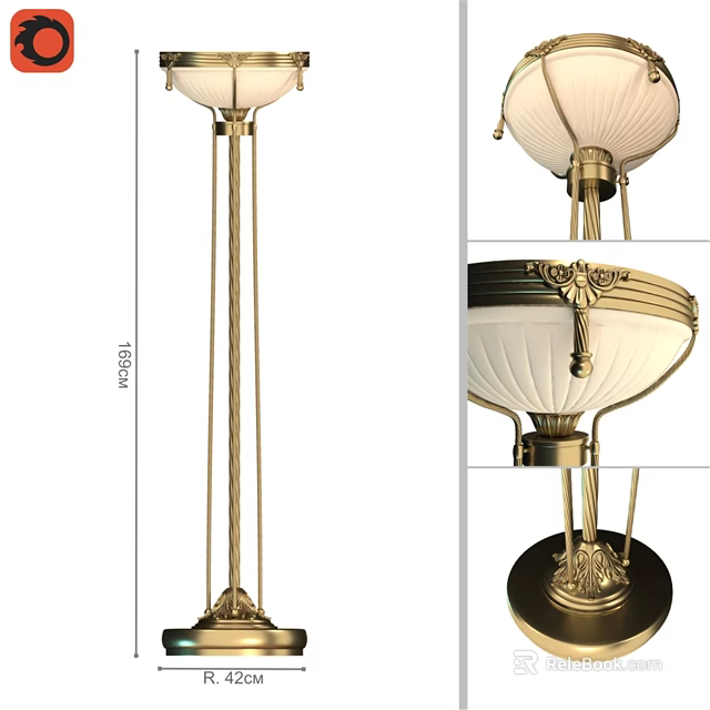 Classical Style Brass Floor Lamp Featuring White Lampshade And Ornate Decorative Details 3d model 