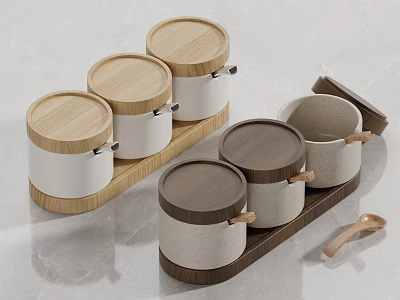Modern Ceramic Spice Jars Set With Wooden Lids And Tray For Kitchen 3d model
