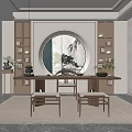 Modern Chinese Tea Room Interior With Circular Painting Wooden Shelves And Tea Table