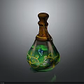 Decorative Green Yellow Glass Bottle With Brown Wooden Stopper And Glowing Vine Patterns