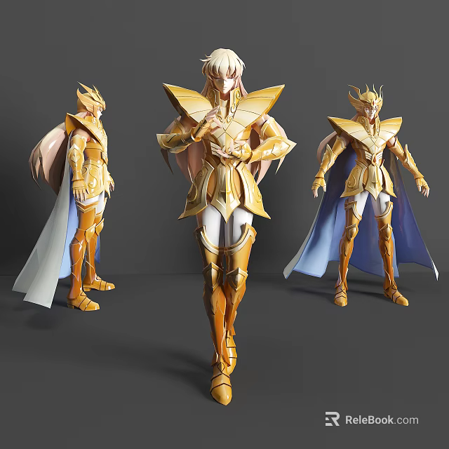 Detailed Game and Movie Character in Golden Armor with Cape and Helmet in Different Poses 3d model 