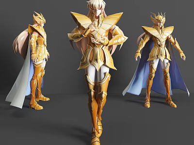 Detailed Game and Movie Character in Golden Armor with Cape and Helmet in Different Poses 3d model