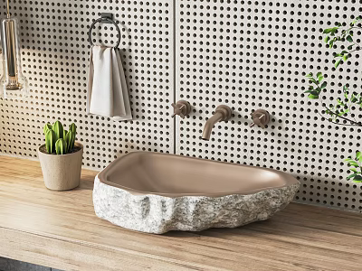 Natural Stone Washbasin on Wooden Countertop with Perforated Wall and Towel Holder 3d model