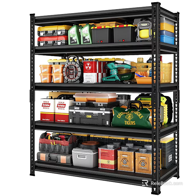 Multi Tier Storage Shelf With Organized Tools Metal Containers And Colored Plastic Boxes 3d model