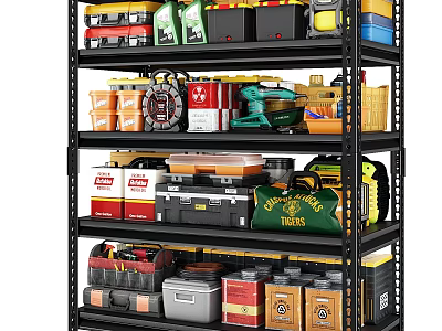 Multi Tier Storage Shelf With Organized Tools Metal Containers And Colored Plastic Boxes 3d model