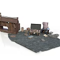 Rustic Small Cabin Scene With Chair Trunk And Books On Ground 3d model