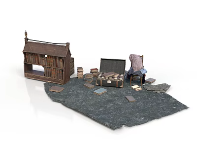 Rustic Small Cabin Scene With Chair Trunk And Books On Ground 3d model