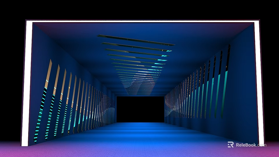 Futuristic Corridor With Vertical Striped Structures Ceiling Light Strips And Blue Purple Floor Light 3d model 