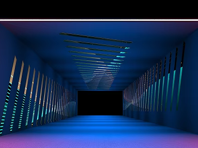 Futuristic Corridor With Vertical Striped Structures Ceiling Light Strips And Blue Purple Floor Light 3d model
