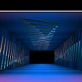 Futuristic Corridor With Vertical Striped Structures Ceiling Light Strips And Blue Purple Floor Light