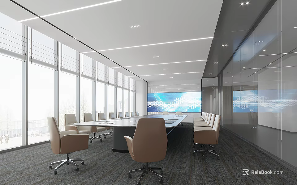 Modern Conference Room With Long Table Beige Chairs Large Windows And Screen 3d model