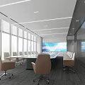 Modern Conference Room With Long Table Beige Chairs Large Windows And Screen 3d model