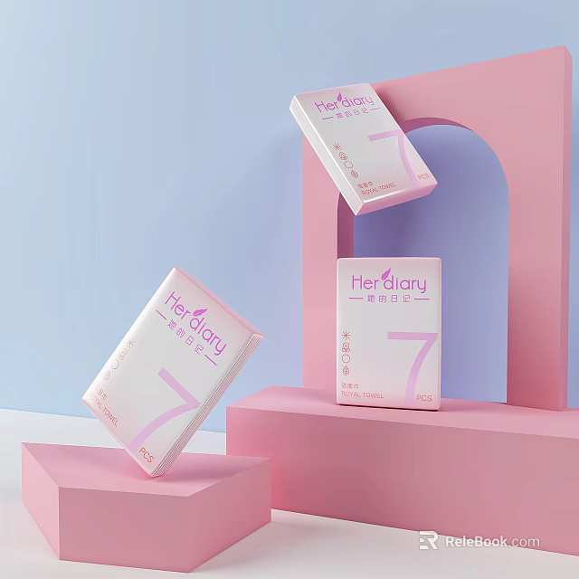 HerGlory 7 Day Sanitary Pads With Pink White Packaging On Geometric Display Stand 3d model 