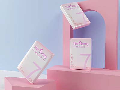 HerGlory 7 Day Sanitary Pads With Pink White Packaging On Geometric Display Stand 3d model