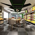 Modern Green And Black Fruit Store Interior With Refrigerated Counters Tables Chairs Counter And Billboards