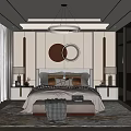 Modern Bedroom Interior With Round Wall Art Pendant Light Nightstands And Area Rug