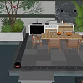 Modern Garden Outdoor Living Space With Wooden Deck Wicker Sofa And Lush Green Plants