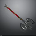 Decorative Battle Axe Weapon With Red Handle White Decorations And Intricate Carved Metal Head