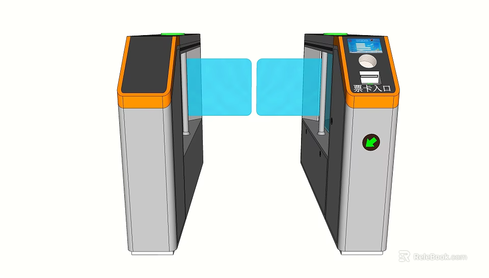 Orange And Gray Access Control Turnstile With Blue Barrier And Display Screen 3d model 