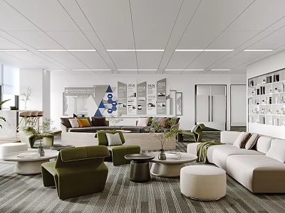 Modern Lounge Area Interior With Comfortable Sofas Green Plants And Coffee Tables 3d model