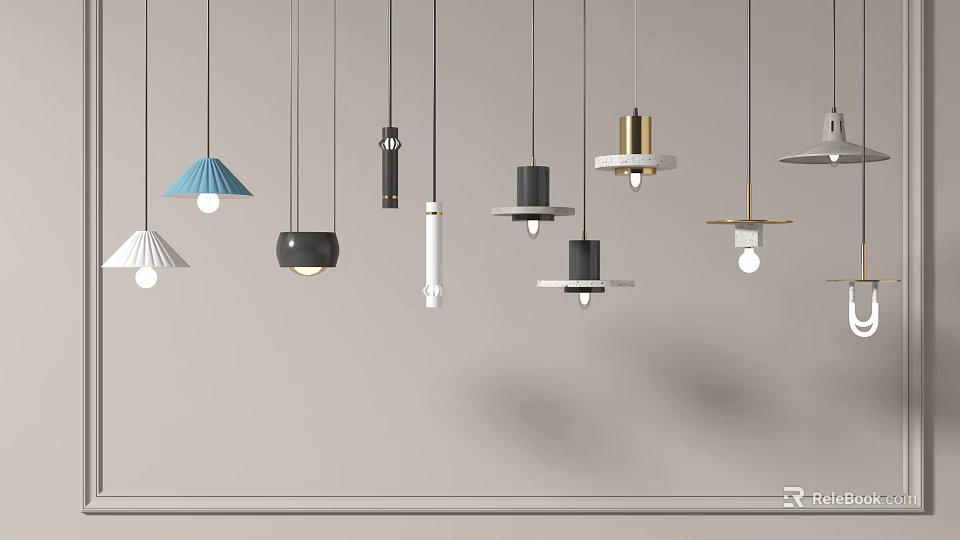 Stylish Pendant Lights In Multiple Designs And Assorted Colors Hanging On Gray Backdrop 3d model