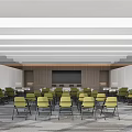 Spacious Modern Conference Room Interior With Long Tables Green Chairs And Ceiling Lights 3d model