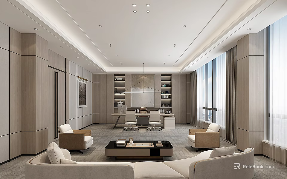 Modern Office Interior Design With Sofas Coffee Table Bookshelves And Large Windows 3d model