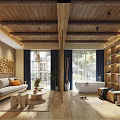 Serene Natural Indoor Space with Wooden Ceiling Rattan Lounge Chairs Bathtub And Large Windows
