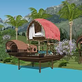 Rustic Lakeside Villa With Red Thatched Roof Overwater Deck Palm Trees And Mountain Backdrop