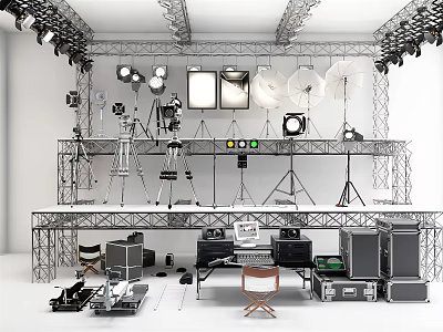 Professional Photography Studio Setup With Lighting Tripods Cameras And Audio Gear 3d model