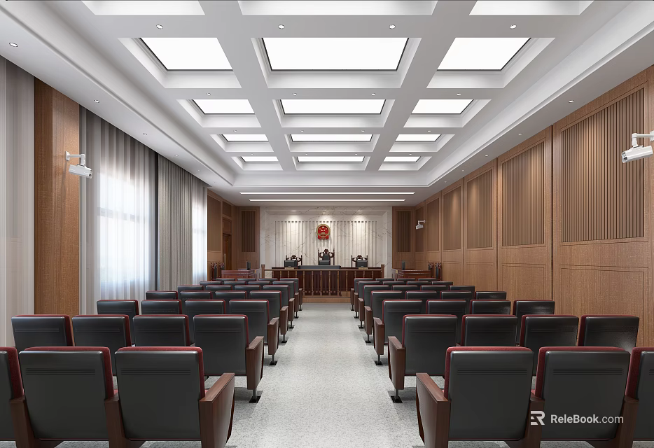 Courtroom Interior With Wooden Walls Square Ceiling Lights Judges Bench And Red Seats 3d model 