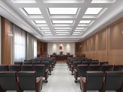 Courtroom Interior With Wooden Walls Square Ceiling Lights Judges Bench And Red Seats 3d model