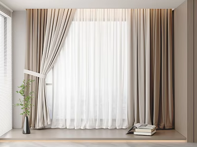 Modern Neutral Thick And Sheer Window Curtains With Potted Plant And Books 3d model