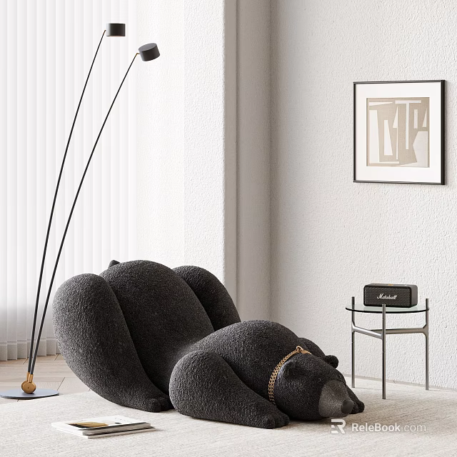 Modern Cozy Living Room Black Bean Bag Chair With Floor Lamp Side Table And Wall Art 3d model 