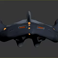Sleek Blue Futuristic Scifi Spaceship with Angular Orange Accents Protruding Fins and Yellow Dots