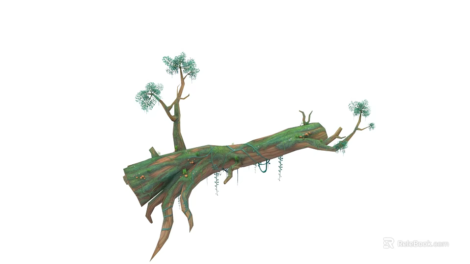 Cartoon Tree Scene With Green Trunk Branches Small Pine Trees And Vines 3d model