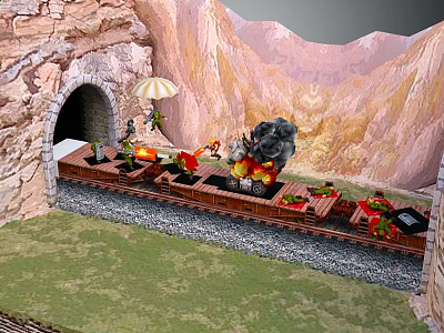 Cartoon Scene Of Train On Track With Cave Umbrella Figures Red Flowers And Green Grass 3d model
