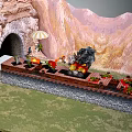 Cartoon Scene Of Train On Track With Cave Umbrella Figures Red Flowers And Green Grass