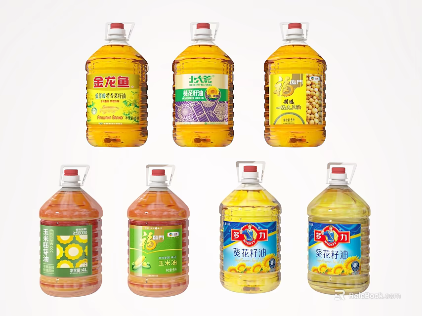 Various Brands Bottled Edible Cooking Oil Products Display With Different Labels And Types 3d model 