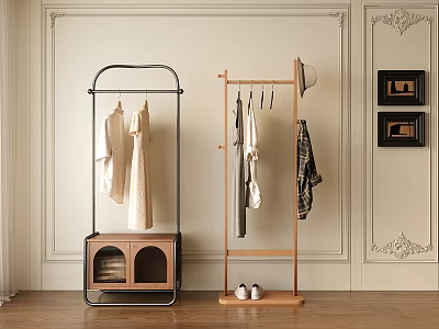 Metal And Wooden Clothes Racks With Storage Cabinet Hanging Clothes Hat Shoes In Interior 3d model