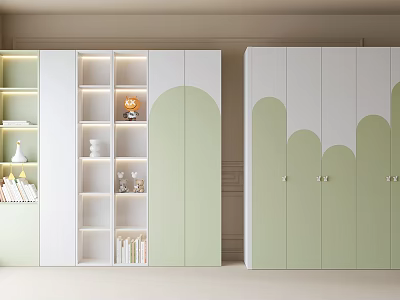 Modern Light Green And White Wardrobe With Curved Doors And Open Shelves For Books Decorations 3d model