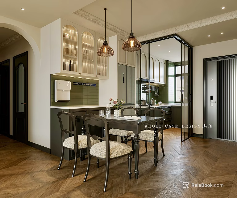Stylish Restaurant Interior With Glass Cabinets Dining Table Pendant Lights And Herringbone Wood Floor 3d model 