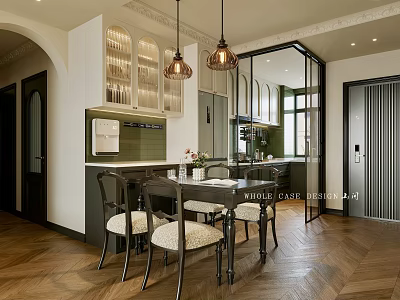 Stylish Restaurant Interior With Glass Cabinets Dining Table Pendant Lights And Herringbone Wood Floor 3d model