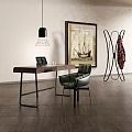 Modern Wooden Desk With Green Chair Laptop Cup Painting Pendant Light And Coat Rack