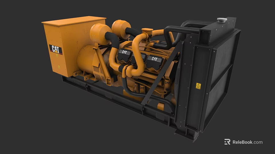 Heavy Duty Cat Brand Industrial Generator With Yellow Black Pipes And Radiator 3d model 