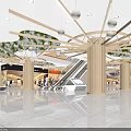 Modern Shopping Mall Lobby with Pendant Lights Green Plants Escalators and White Pillars