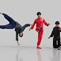 Three People in Traditional Costumes Performing Martial Arts Poses Handstand One Leg Stand Half Kneel